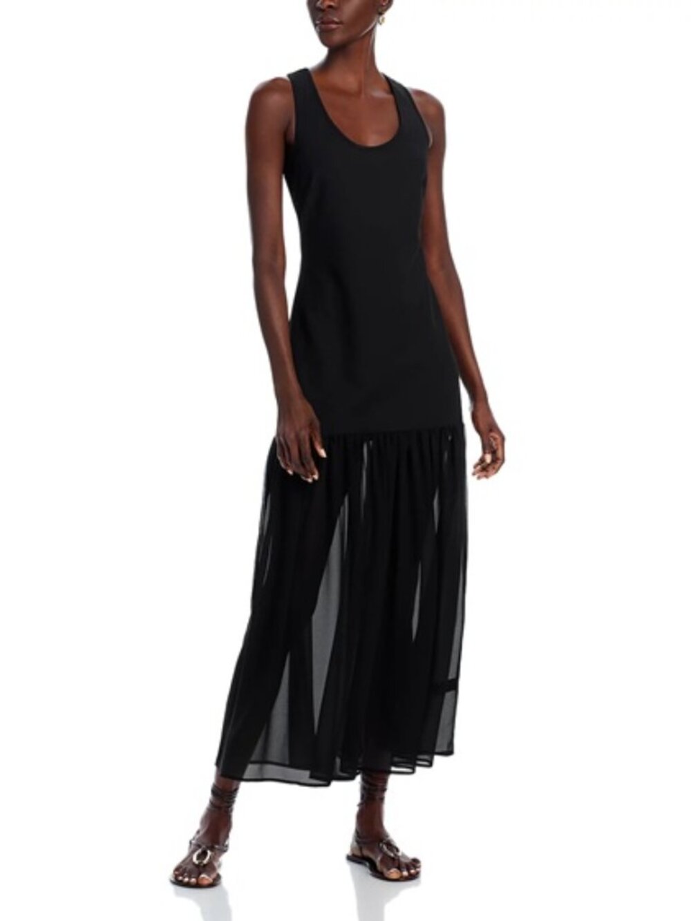 Wayf Eva Black Sleeveless Maxi Dress with Sheer Flounce Skirt NWT M